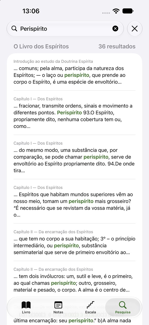 Ecrã iPhone da aplicação Obras de Allan Kardec