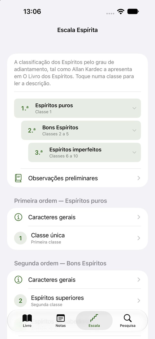 Ecrã iPhone da aplicação Obras de Allan Kardec