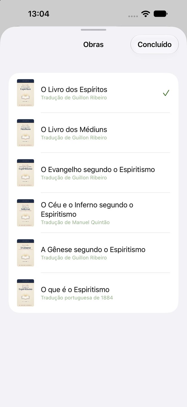 Ecrã iPhone da aplicação Obras de Allan Kardec