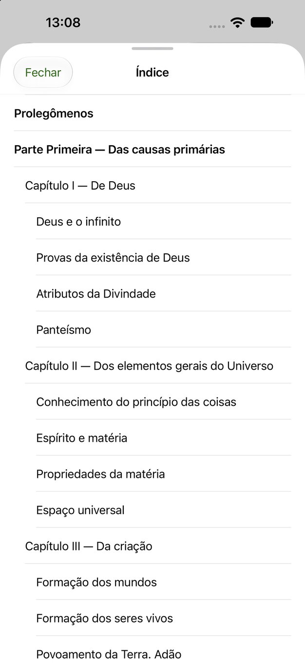Ecrã iPhone da aplicação Obras de Allan Kardec