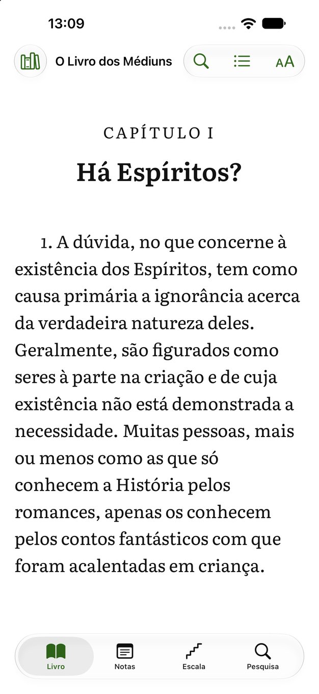 Ecrã iPhone da aplicação Obras de Allan Kardec